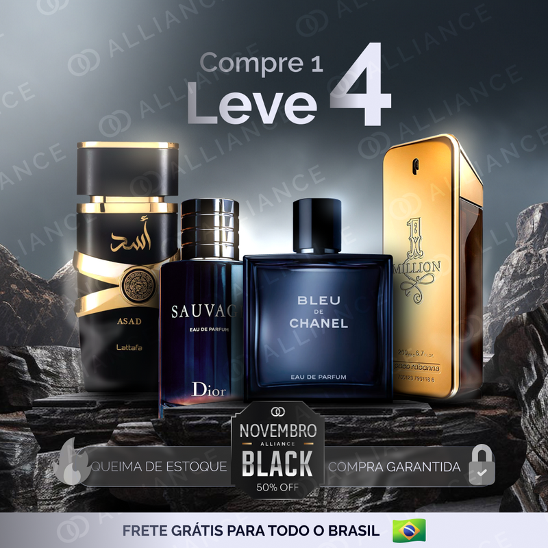 Kit 4 Perfumes Importados - Lattafa ASAD I 1Million I Sauvage I Bleu (100ml) - [NOVEMBRO BLACK]